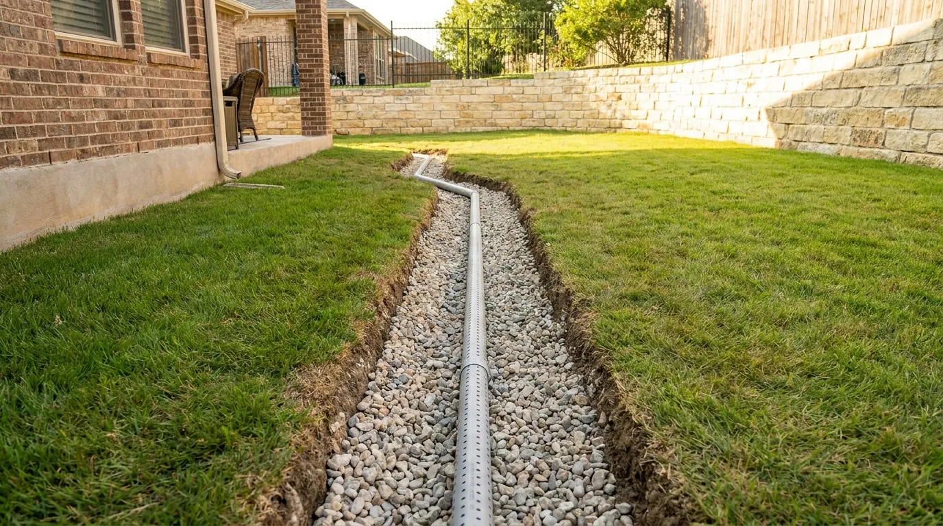 French drain trench directing water away from a home foundation