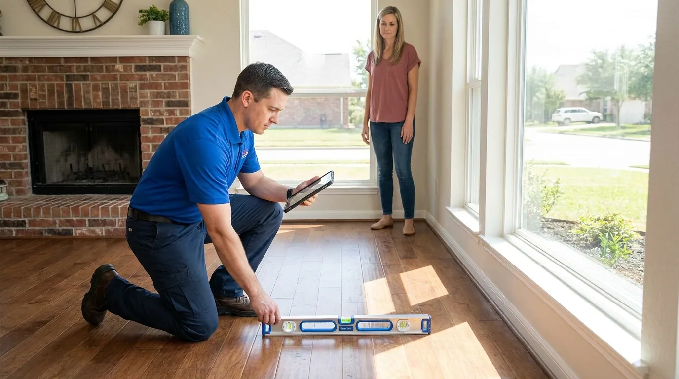 Technician taking floor elevation readings during a foundation inspection