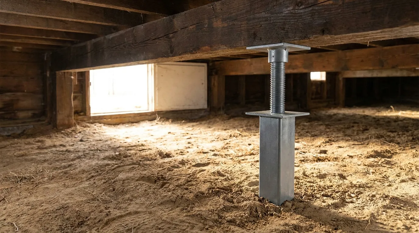 Adjustable support post under a pier and beam floor system