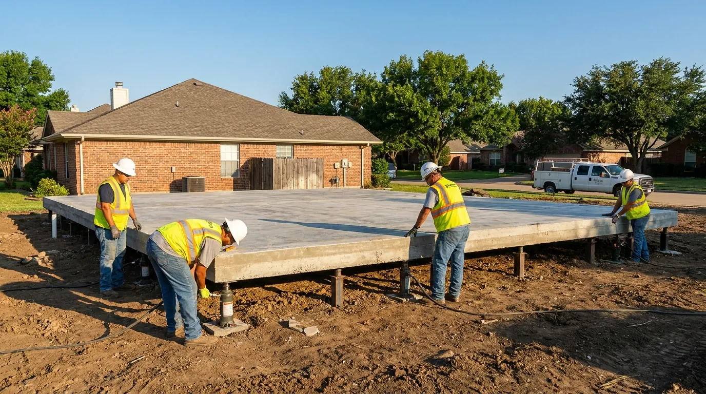 Crew lifting a concrete slab foundation with hydraulic piers
